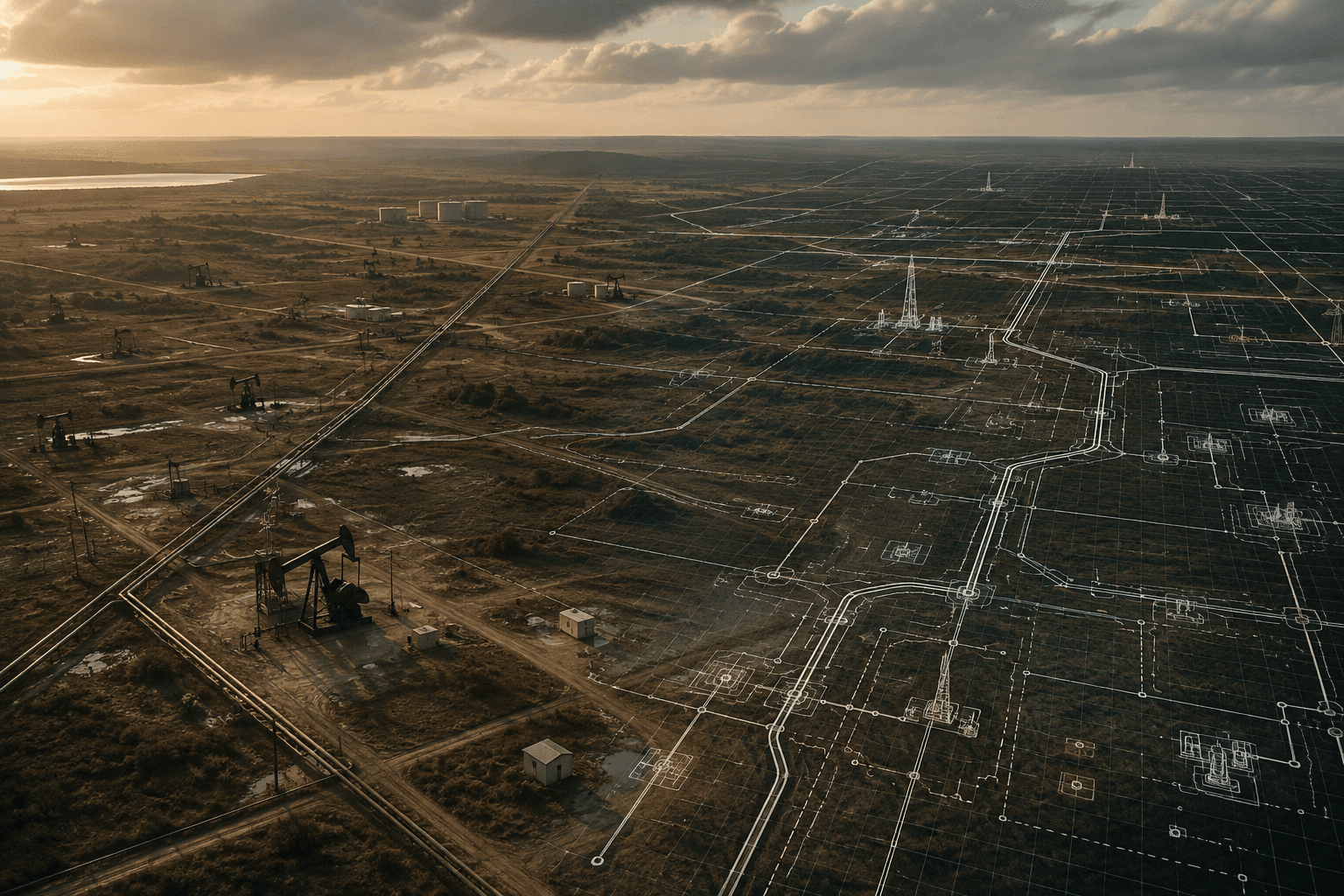 Editorial landscape illustrating the operating architecture behind Venezuelan oil production