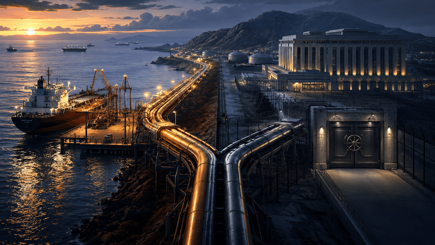 Venezuelan oil terminal at night with pipelines and controlled financial infrastructure