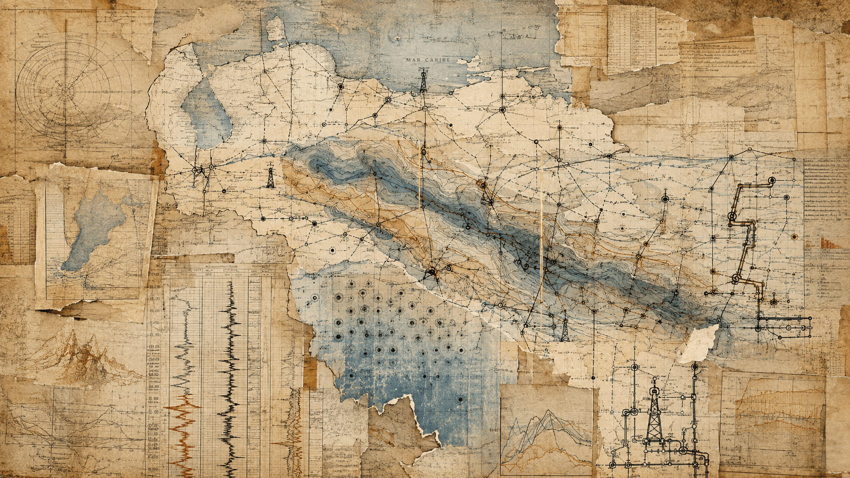 Layered geological and operating maps of Venezuela showing fragmented oil-field records