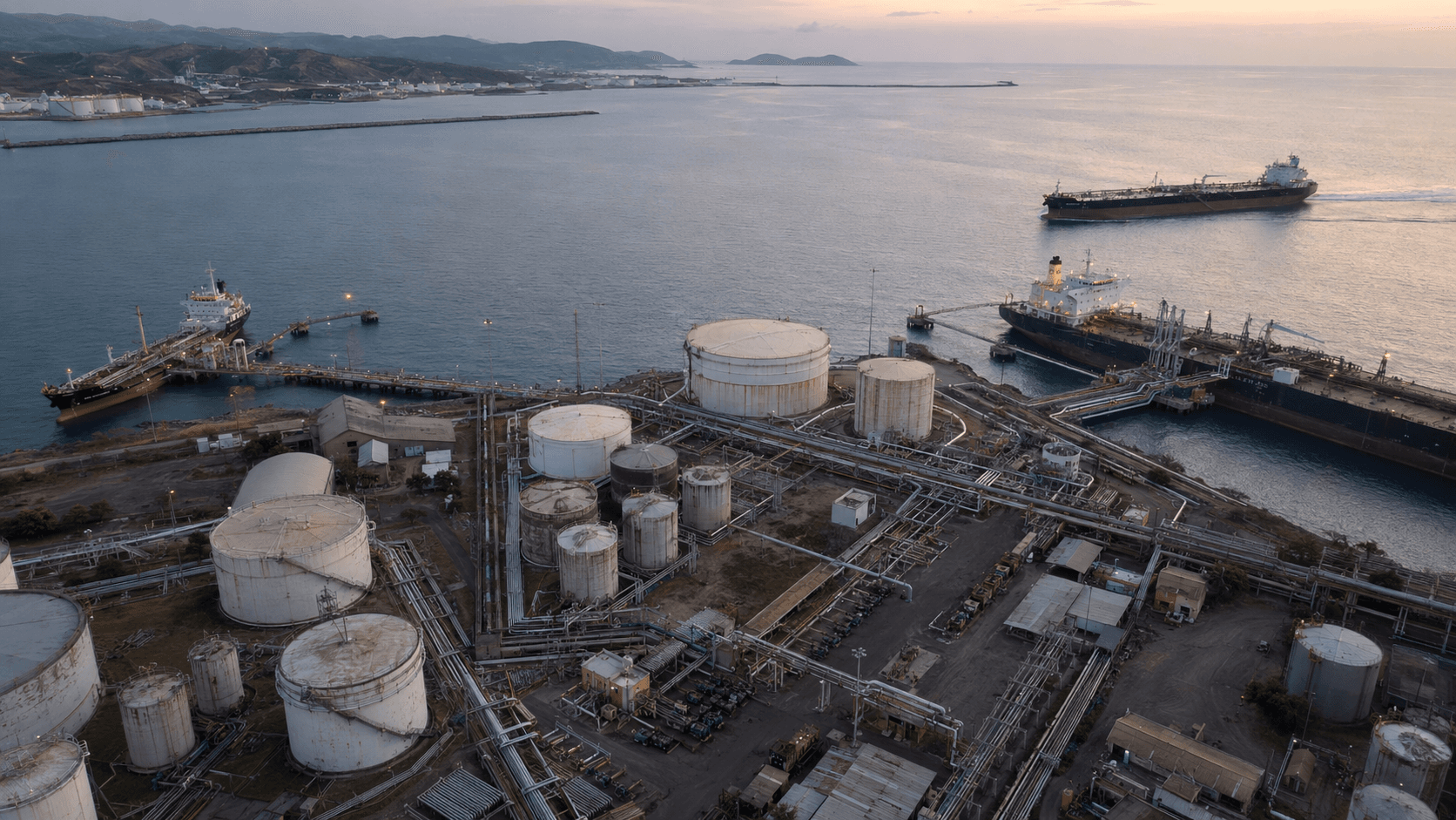 José oil terminal in eastern Venezuela with crude storage, marine loading infrastructure, and tankers offshore
